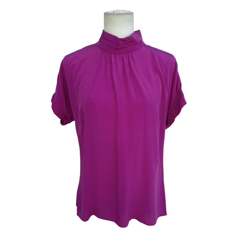 Etcetera 100% Silk Blouse Womens 10 Pink Fuchsia Mock Neck Short Sleeve Top
